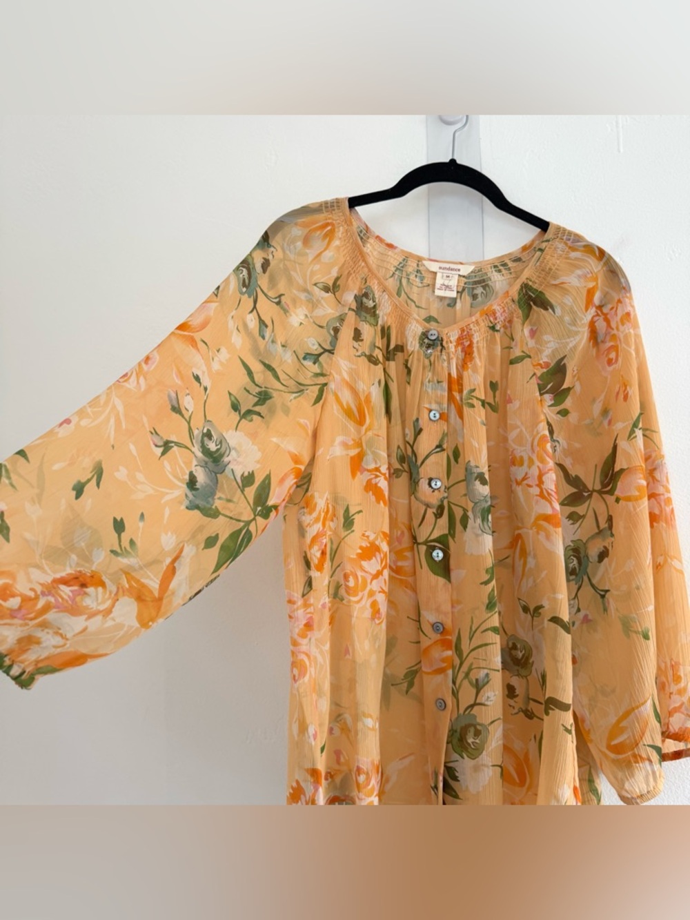 Sundance Orange Green 100% Silk Floral
Blouse Boho Peasant Top Balloon Sleeve - Picture 4 of 10